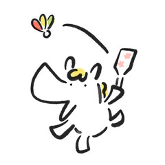 羽子板で羽根つきをして遊ぶ白馬　正月素材・墨絵