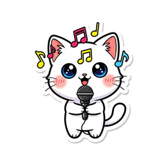 Cute white cat singing with musical notes isolated on white background