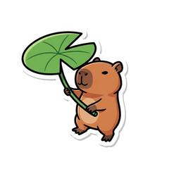 Capybara holding a large green leaf like an umbrella