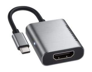 Compact USB-C to HDMI adapter with vented aluminum casing and side LED indicator.