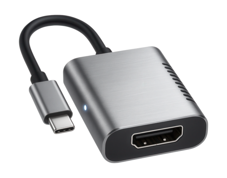 Compact USB-C to HDMI adapter with vented aluminum casing and side LED indicator.