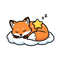 Sleeping fox curled up on a cloud isolated on white background