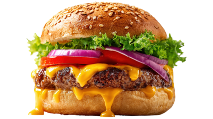 A cheese burger with bacon, salad, relish and gherkins against a white background