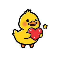 Adorable cartoon duck holding a sparkling red heart isolated on white background