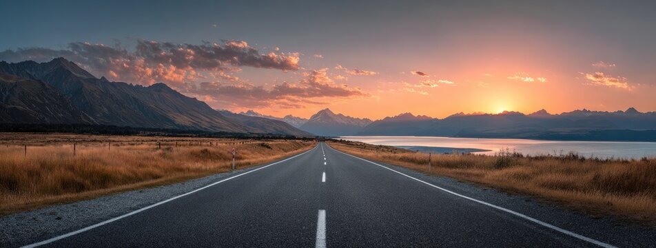 Straight road stretching into a mountain range at sunset, with a lake on the right