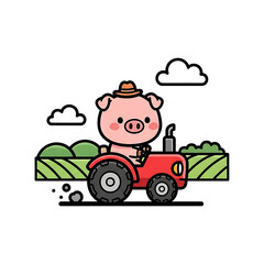 Cartoon pig wearing a hat driving a red tractor in a field