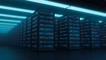 Big data center server racks hardware data network host room storage systems technology. 3d...