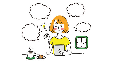 A woman has an idea while sitting at a table hand drawn illustration