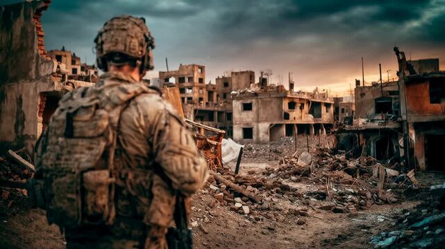 Armored soldier stands among collapsed buildings at dusk, posture steady despite devastation - a haunting frontline perspective for news, awareness or humanitarian commentary.