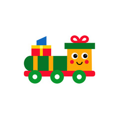 Cartoon train with gift box and bow icon on transparent background