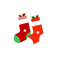 Two christmas stockings with gifts above it on transparent background