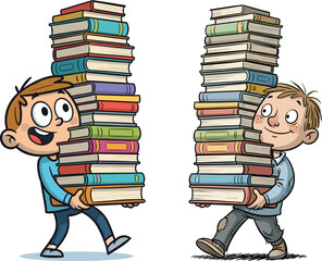 Cartoon boys carrying tall stacks of books, school activity, reading enthusiasm, educational load, fun classroom moment, vector illustration for kids