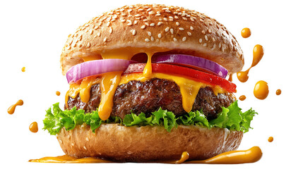 A cheese burger with bacon, salad, relish and gherkins against a white background