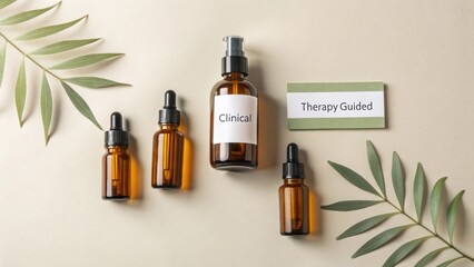 Fototapeta premium Flat Lay of Amber Glass Bottles Surrounding a Discreet Leaf