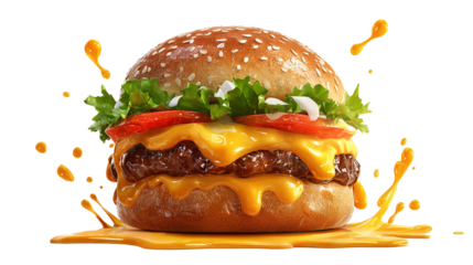 A cheese burger with bacon, salad, relish and gherkins against a white background