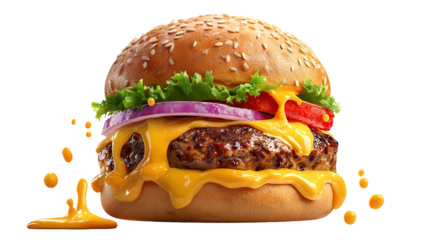 A cheese burger with bacon, salad, relish and gherkins against a white background