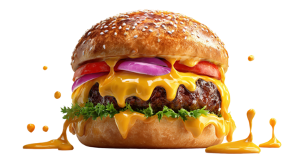 A cheese burger with bacon, salad, relish and gherkins against a white background