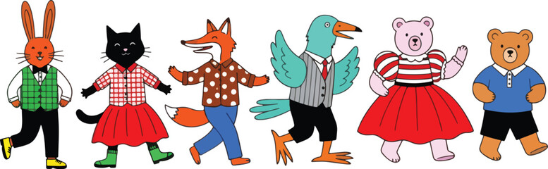 Animals dressed in human clothes dancing, celebrating a special occasion