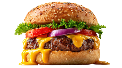 A cheese burger with bacon, salad, relish and gherkins against a white background