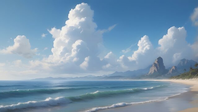 Expansive tropical beach with gentle ocean waves, pristine sand, and a vibrant blue sky filled with magnificent white clouds, offering a serene coastal vista, in anime style background