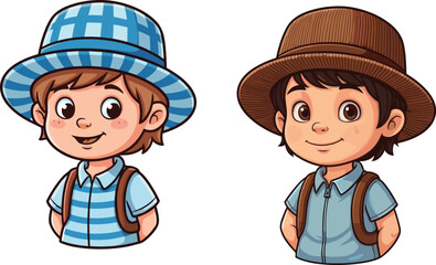 Cartoon boys with backpacks, character comparison scene, striped shirt, checkered hat, vertical hat, smiling and neutral expressions, travel outfit, outdoor theme