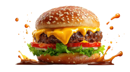 A cheese burger with bacon, salad, relish and gherkins against a white background