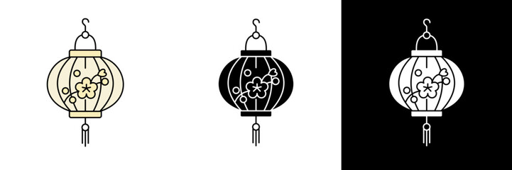 Decorative lantern with floral patterns, in color, black, and white. Symbol of celebration, light, and Asian culture. Great for festival or holiday-themed graphics.