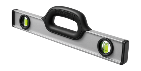 Dual-vial level with a handle for convenient transport on construction sites.