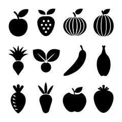Fruit and Veggie Flat Icons — Minimal Apple, Carrot, Banana, Tomato, Leaf.