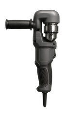 Corded right angle drill with side handle for enhanced control in metalworking.