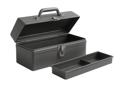 Durable metal toolbox with a removable tray, ideal for outdoor maintenance tasks.
