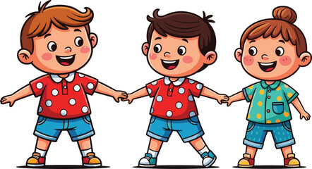 Cartoon children holding hands, cheerful group of three kids illustration, vector design for friendship, unity, emotion, educational content, teamwork