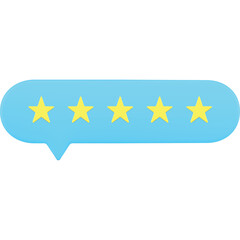 Speech bubble with five yellow stars representing a perfect five star rating against a transparent background