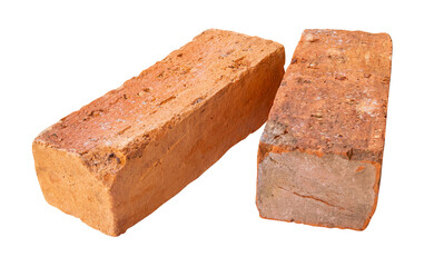 Side view of two cracked old red or orange bricks in stack isolated on white background with clipping path