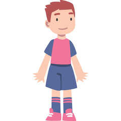 Smiling young boy with short brown hair wearing a pink t-shirt and blue shorts with striped socks and pink shoes on a transparent white background