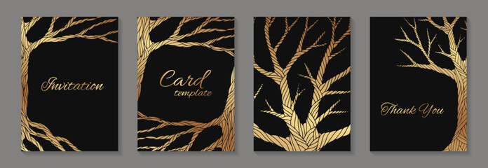 Golden trees on a black background. Modern luxury card templates for wedding initation or birthday greetings.