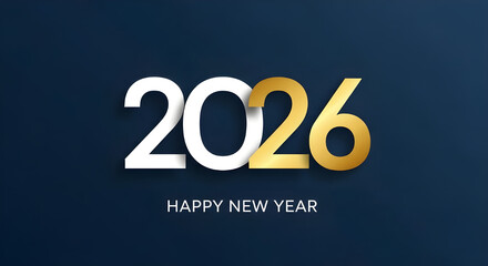 Happy new year 2026 celebration with golden and white numbers on a dark blue background, festive design