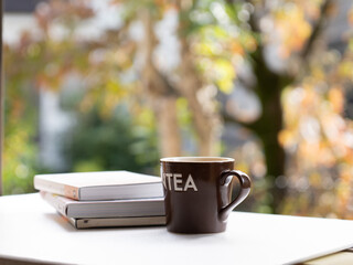 庭をバックに本とコーヒー