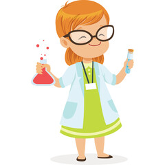 Smiling Young Girl Wearing Scientist Lab Coat and Glasses Holding Test Tubes with Red and Blue Liquids and Bubbles in a Chemistry Experiment With Transparent Background