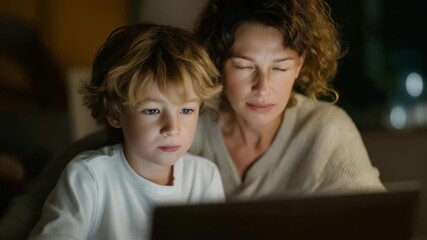 Child using a laptop for virtual lessons with a parent supervising and guiding, emotion of support and curiosity visible, symbolizing online homeschooling, digital learning platforms, and - Powered by Adobe