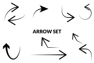 Hand drawn arrow set isolated on white background, A collection of seven hand-drawn arrows in various styles and directions, all isolated on a clean white background.