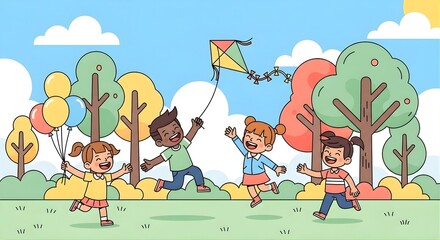 Colorful vector illustration of happy children playing together in a park, flying a kite and holding balloons under a bright blue sky. Cheerful outdoor scene with smiling kids, green trees, and a joyf
