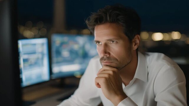 Crypto investor adjusting GPU configurations on a multi-screen setup, emotion of focus and ambition visible, representing digital wealth management, mining optimization, and the evolution of