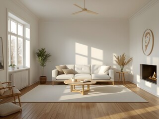 Fototapeta premium Minimal living room with white sofa and sunlight through large window
