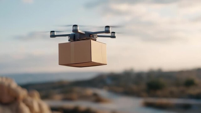 Drone delivering smart package with real-time tracking overlay, emotion of futuristic excitement visible, representing next-generation delivery systems, IoT-enabled logistics, and intelligent