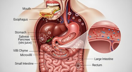 A labeled illustration of the human digestive system, showing the process of digestion from the mouth to the intestines