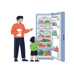 A father and son pick fresh fruits and vegetables from an open, well-stocked refrigerator, learning about healthy food choices.