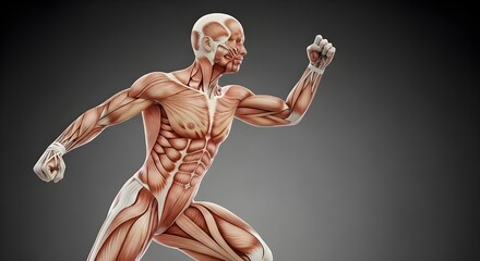 A 3D illustration of a muscular human figure in motion, highlighting muscles, tendons, and flexion