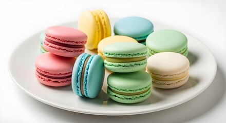Obraz premium Colorful French macarons arranged neatly on a white platter under studio lighting