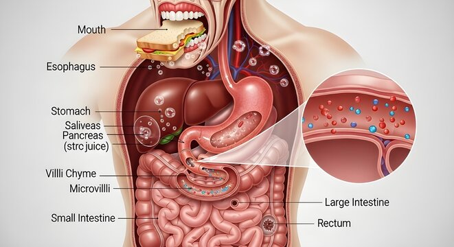 A labeled illustration of the human digestive system, showing the process of digestion from the mouth to the intestines